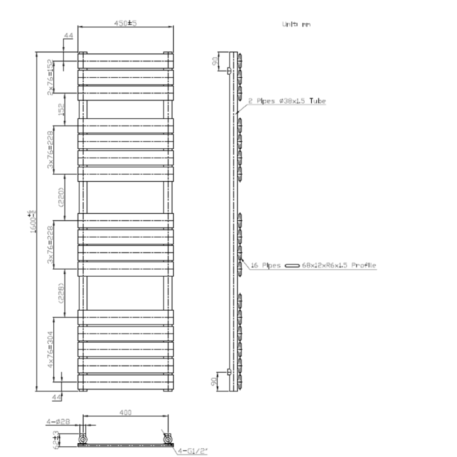 Anthracite Towel Radiator 1600 x 450mm - Tundra