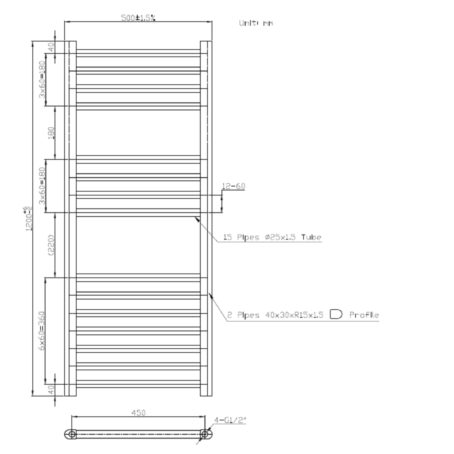 GRADE A2 Black Heated Towel Rail Radiator 1200 x 500mm Sahara