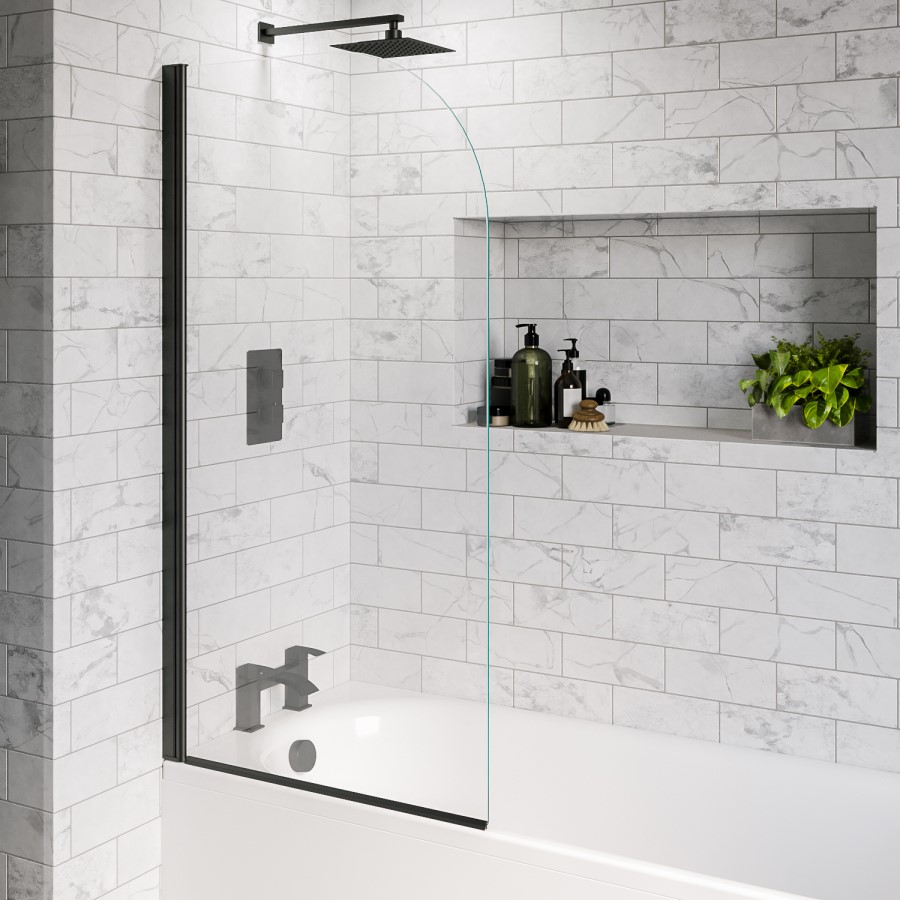 Black Hinged Shower Bath Screen 1450 x 800mm - Taurus