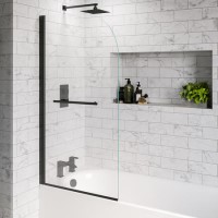Black Hinged Shower Bath Screen with Towel Rail 1450 x 800mm - Taurus