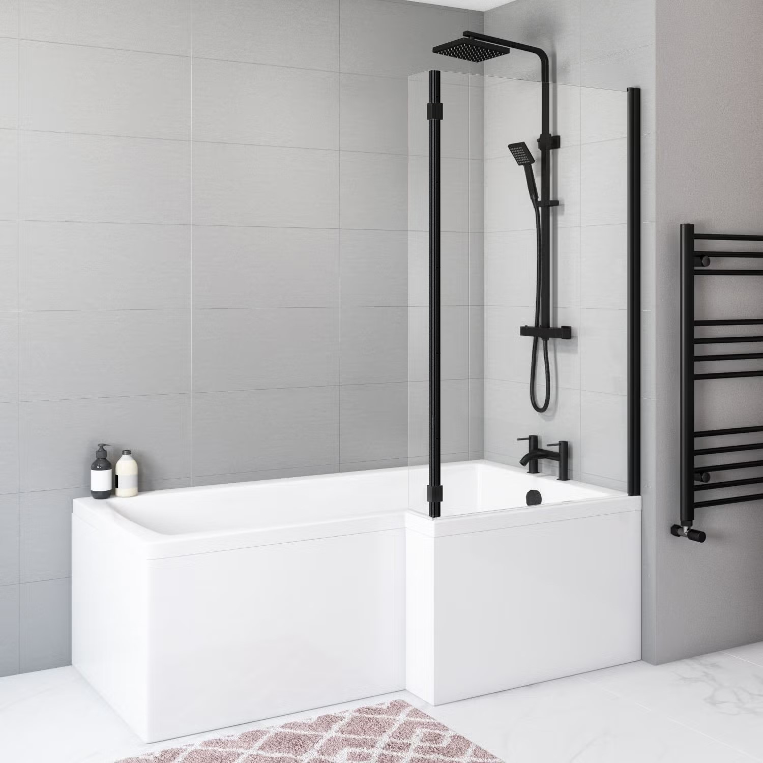 Black Hinged L Shape Shower Bath Screen 1450 x 975mm Maia Better Bathrooms