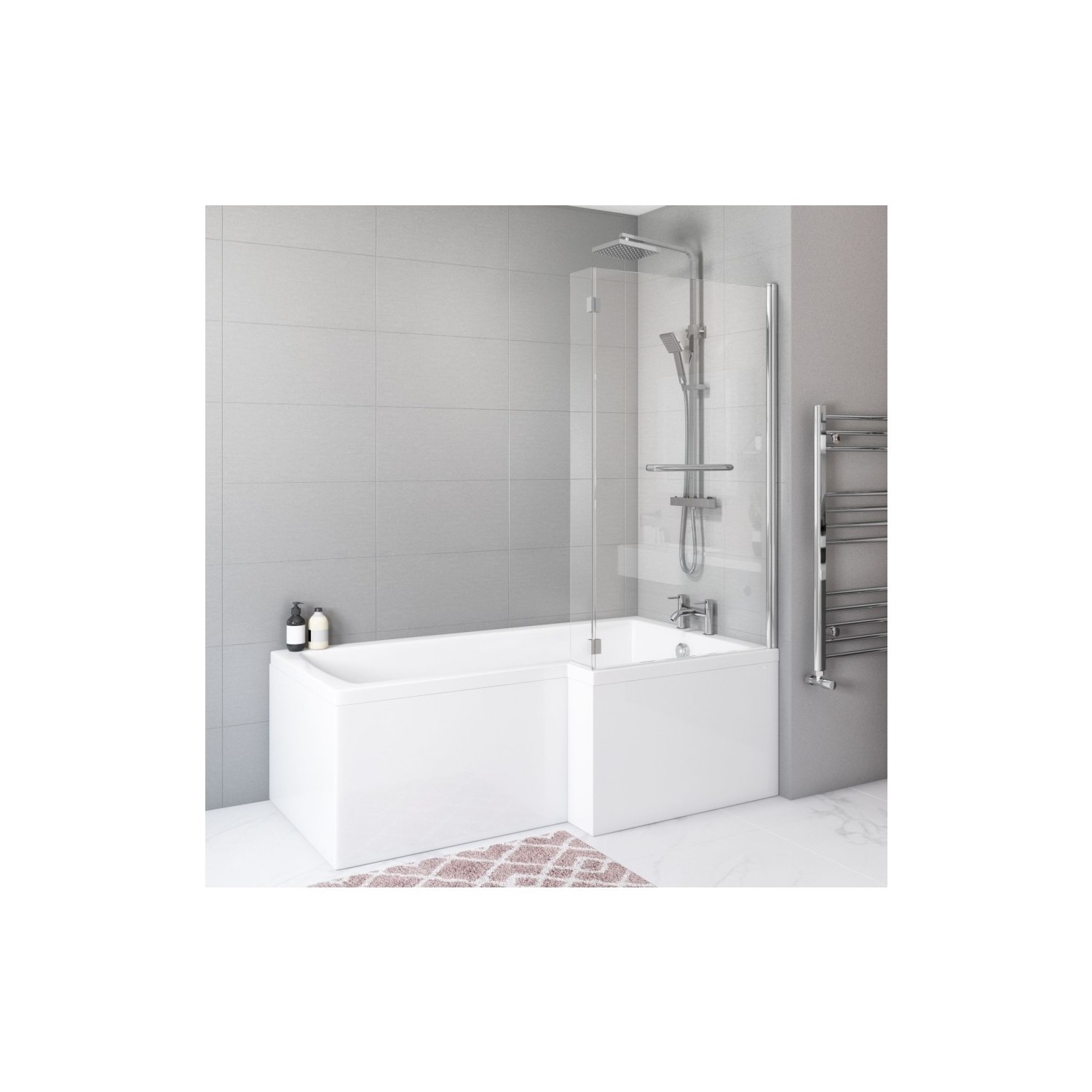 Chrome Hinged L Shape Shower Bath Screen with Towel Rail 1450 x 975mm ...