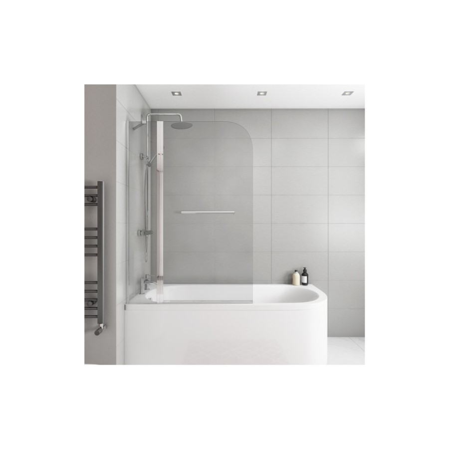 GRADE A1 - Zibal Hinged with Fixed Panel 1450mm 6mm Chrome Bath Screen with Towel Rail
