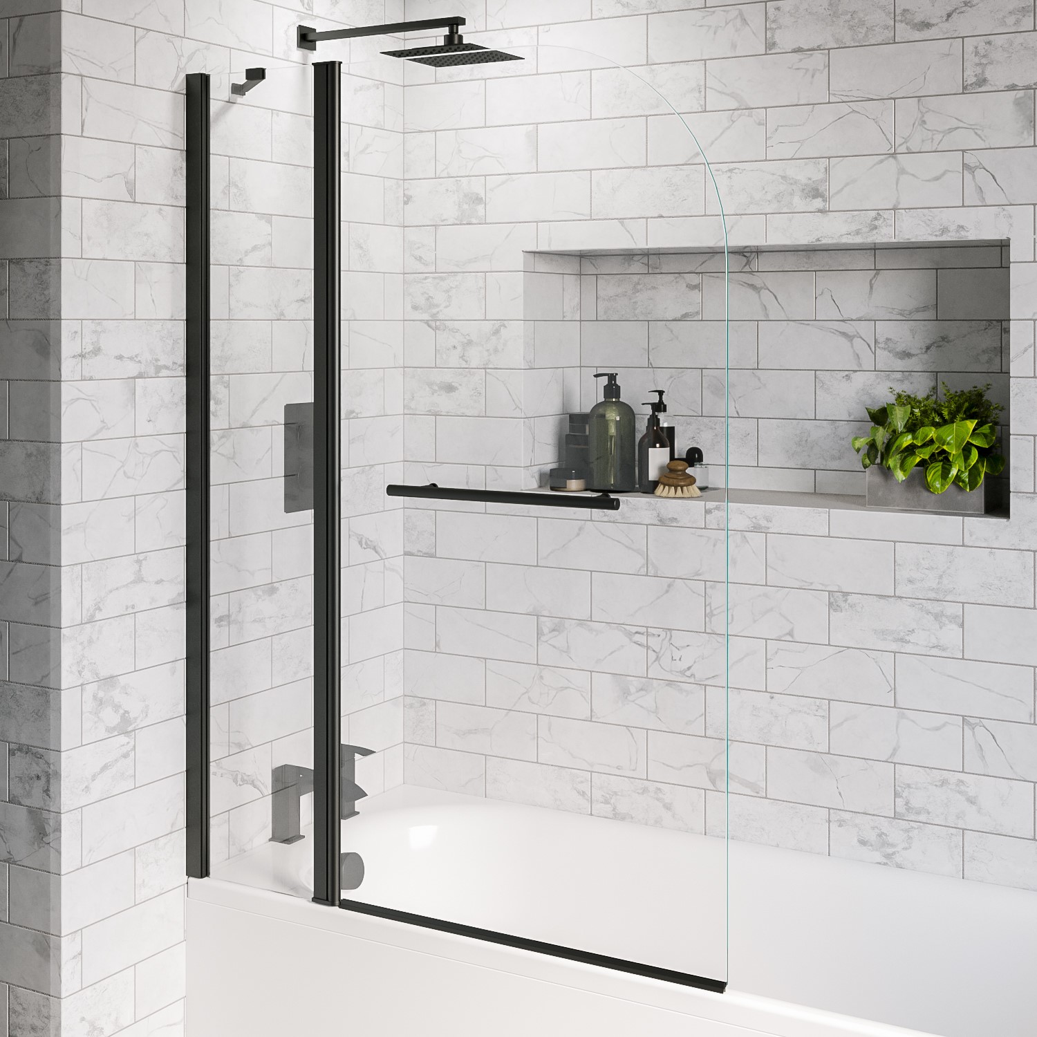 Zibal Hinged with Fixed Panel 1450mm 6mm Matt Black Bath Screen with Towel Rail