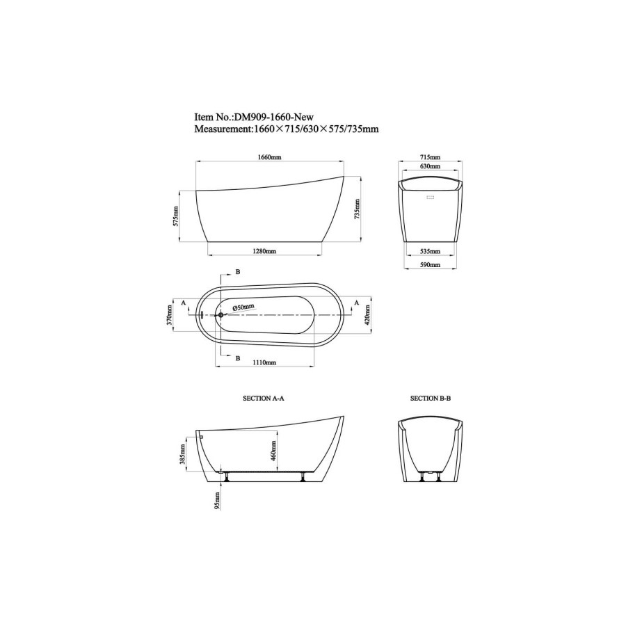 Design Freestanding Bath Single Ended Slipper - 1660 x 715mm