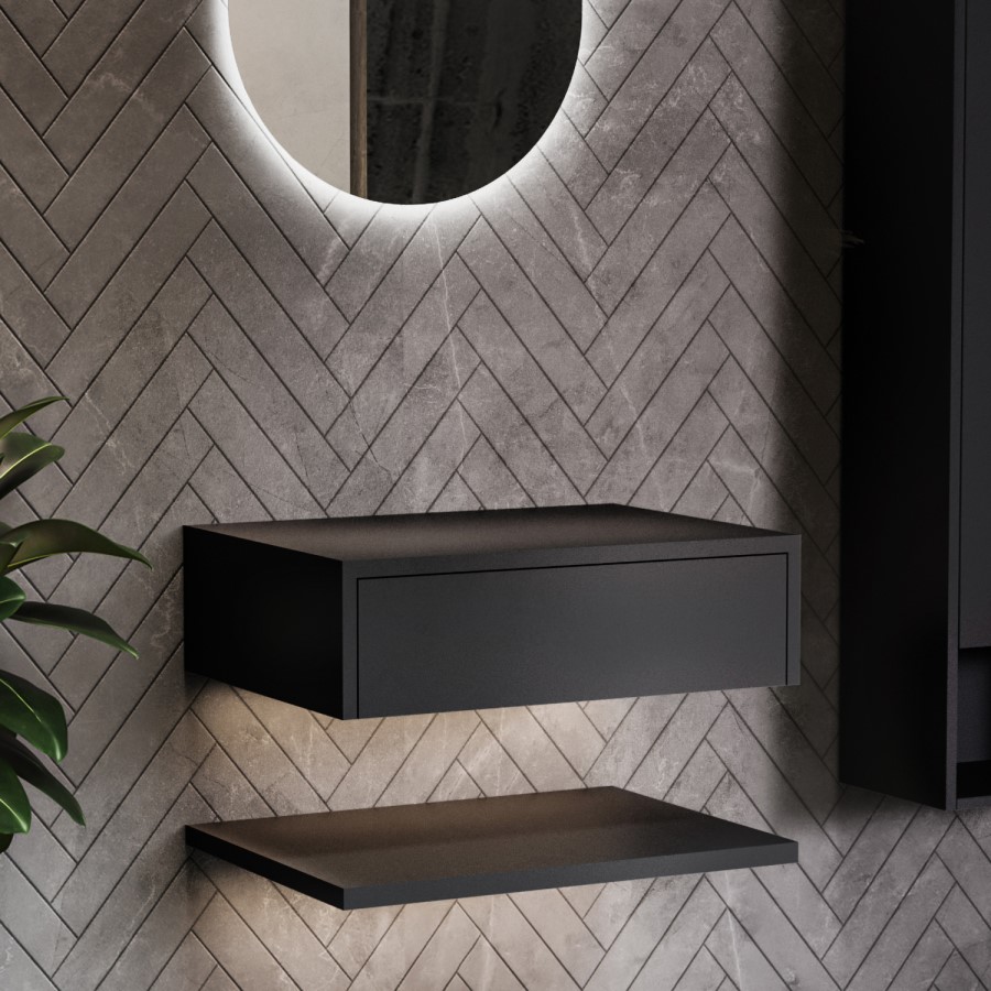 GRADE A2 - 600mm Black Wall Hung Countertop Basin Shelves - Lugo