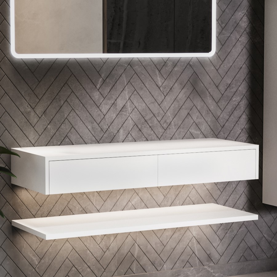 1200mm White Wall Hung Countertop Double Vanity Unit with Shelf - Lugo