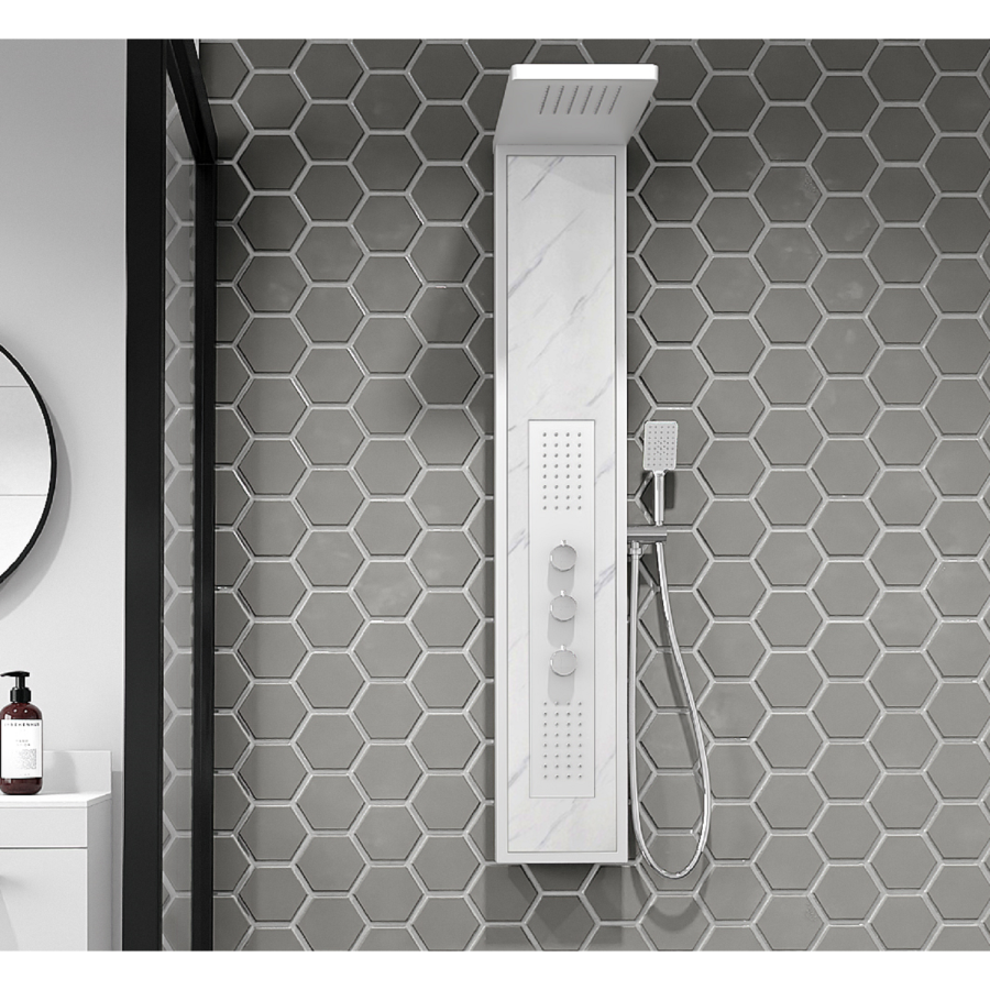 White Marble Effect Thermostatic  Tower Shower with Square Hand Shower - Luni
