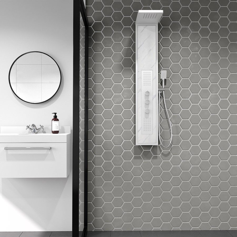 White Marble Effect Thermostatic  Tower Shower with Square Hand Shower - Luni
