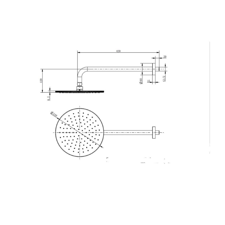 Vance 250mm Shower Head and Wall Arm Brushed Brass
