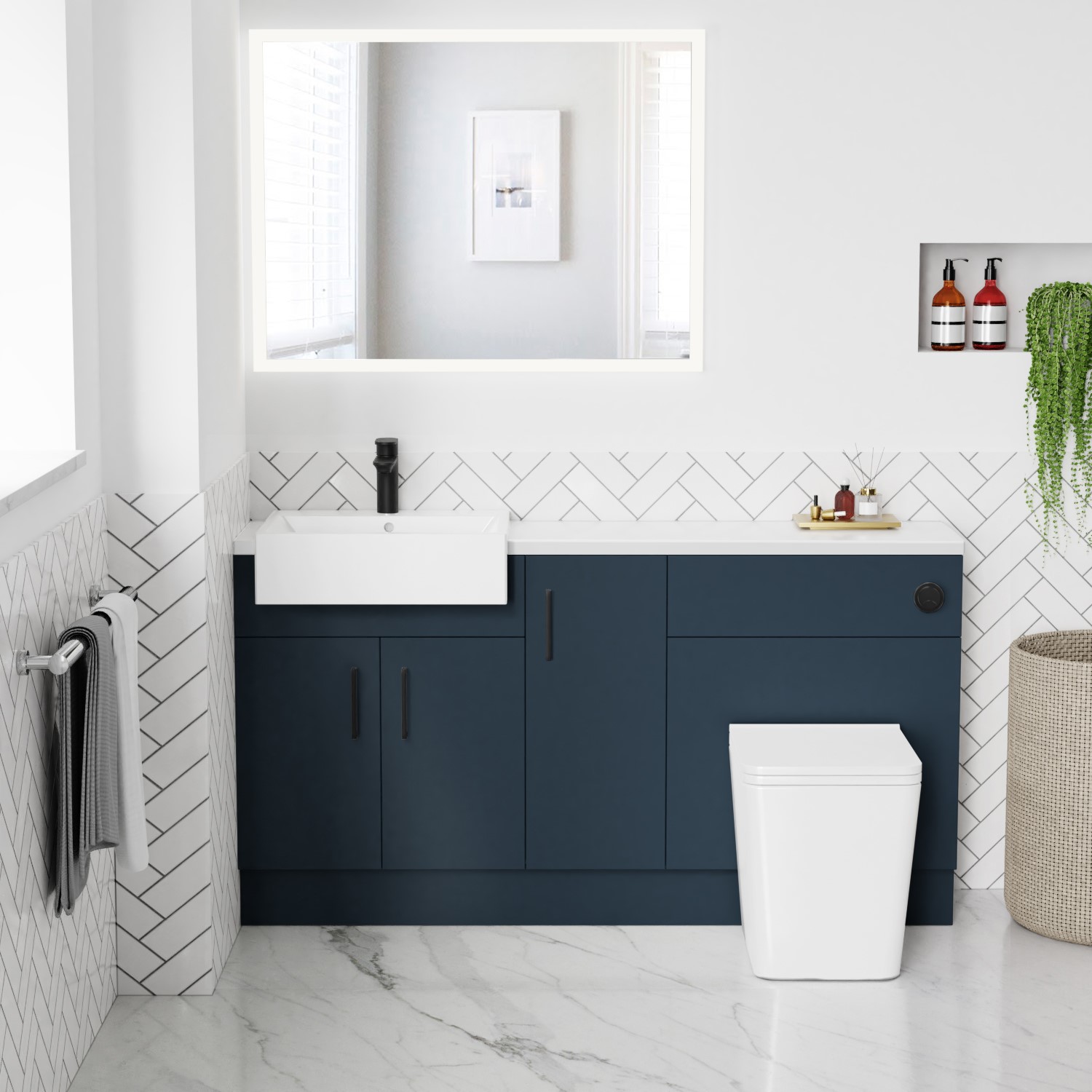 1500mm 1800mm Blue Toilet and Sink Unit with Matt Worktop and Black