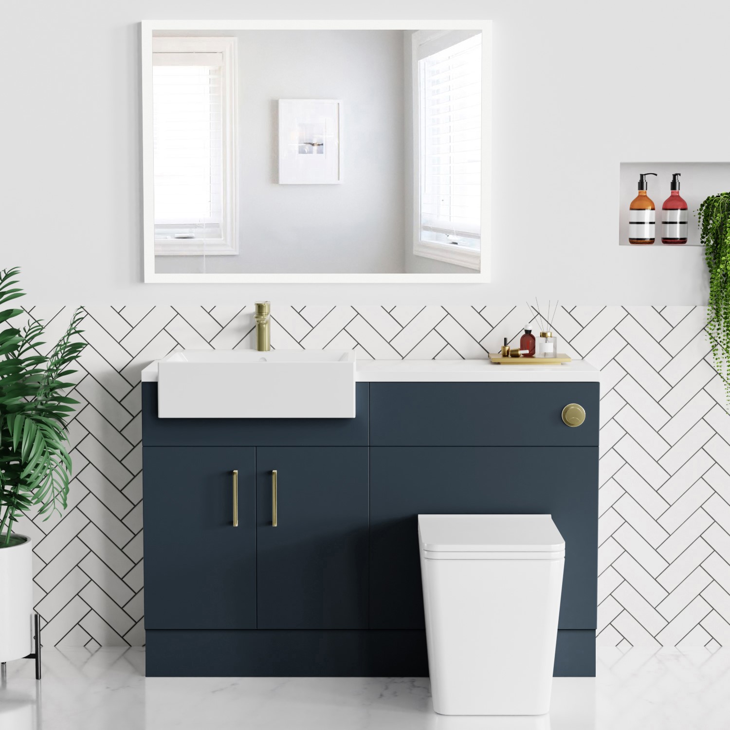 1200mm Blue Toilet and Sink Unit with Matt Worktop and Brushed Brass