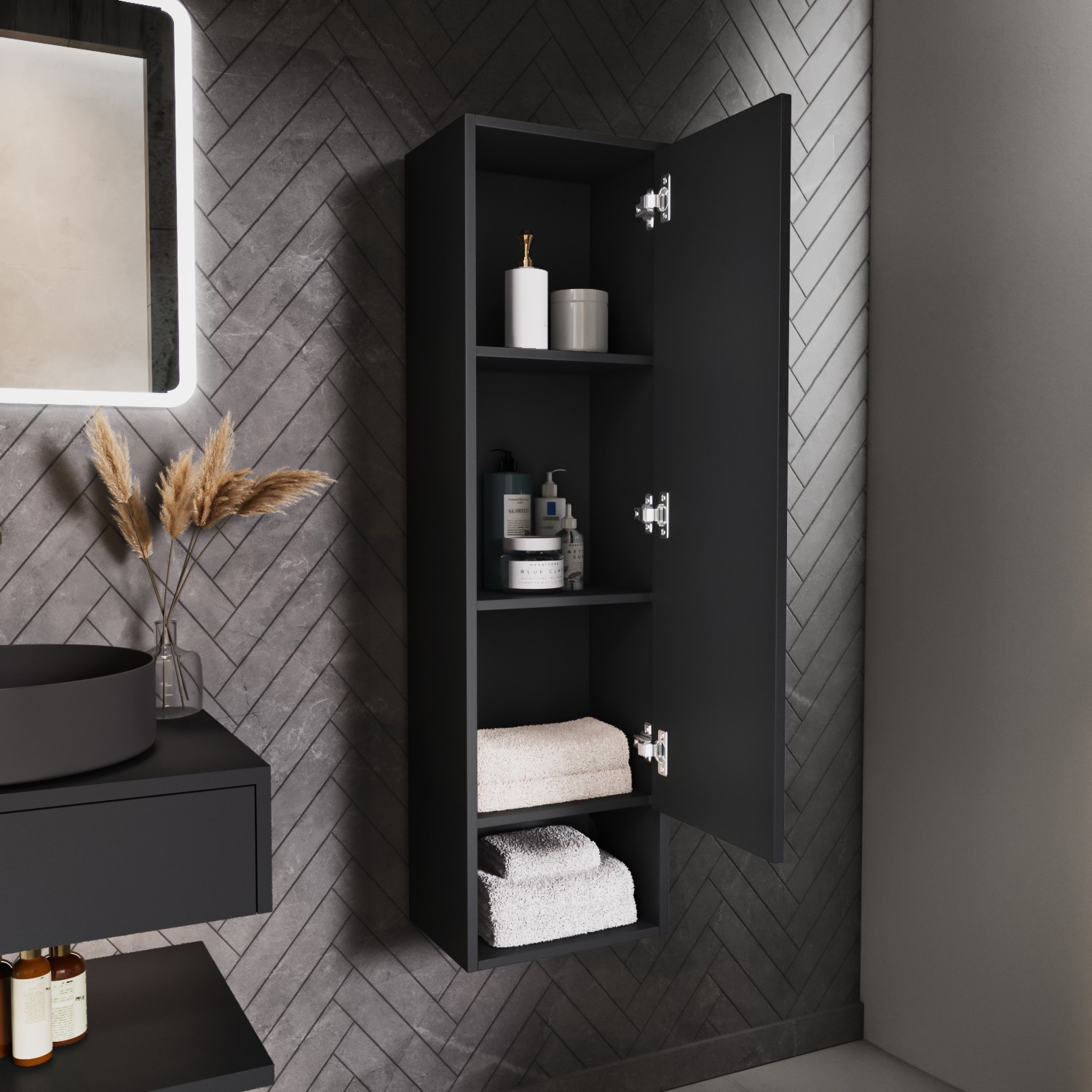 Single Door Black Wall Mounted Tall Bathroom Cabinet 350 X 1250mm Lugo Better Bathrooms