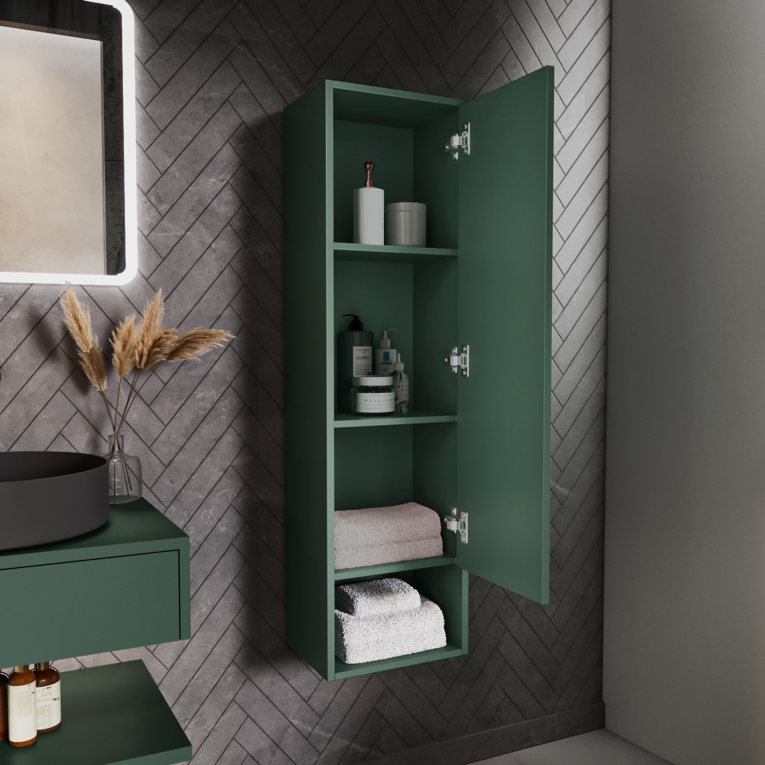 Green Wall Mounted Tall Bathroom Cabinet 350mm - Lugo - Better Bathrooms