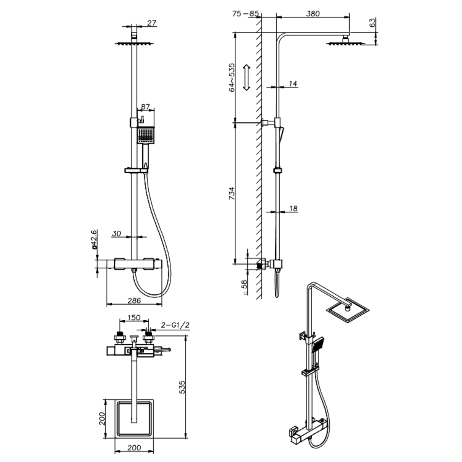 GRADE A1 Thermostatic Mixer Bar Shower with Square Overhead & Handset