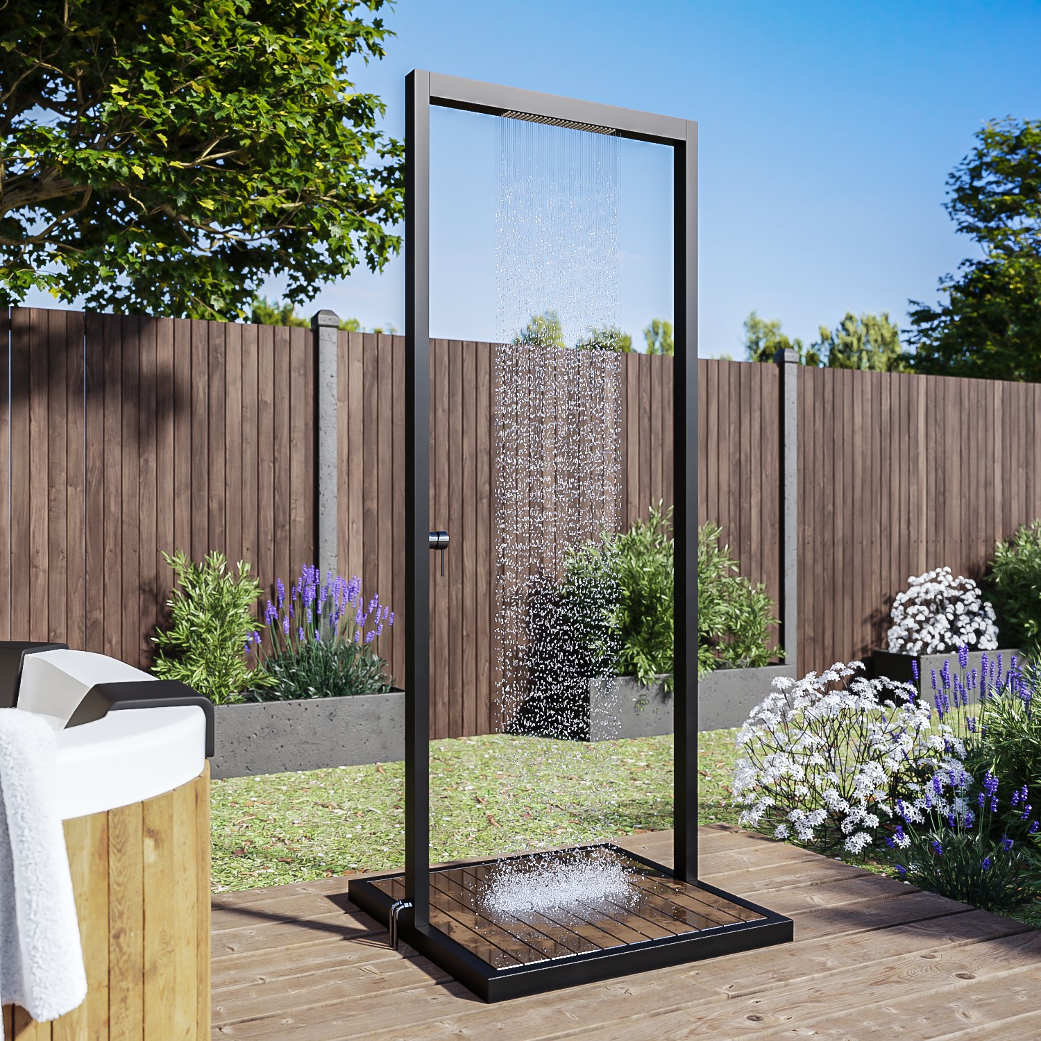 Black Outdoor Shower with Wood Effect Base