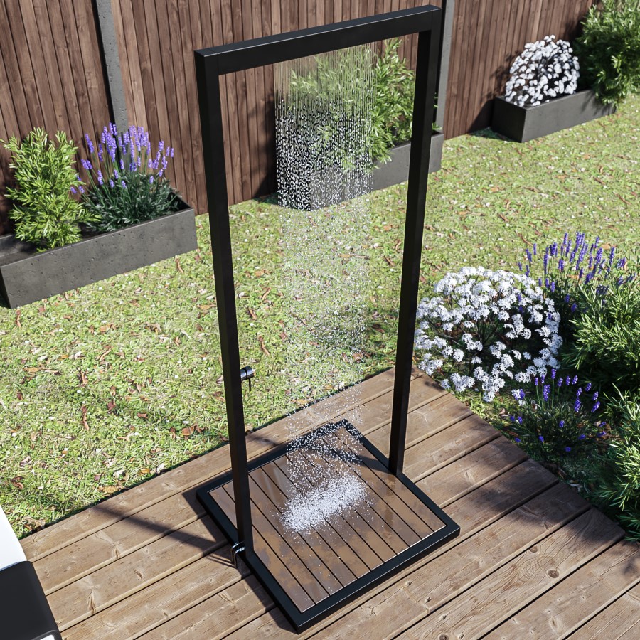 GRADE A1 - Black Outdoor Shower with Wood Effect Base - Zen