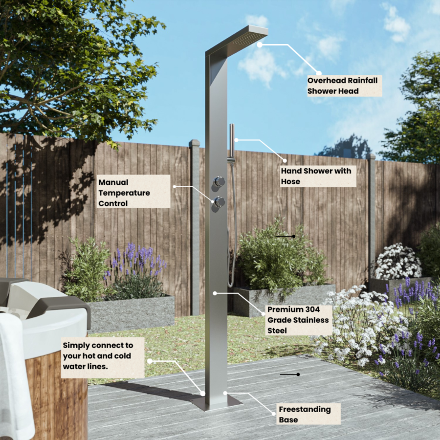 Chrome Thermostatic Mixer Outdoor Shower with Pencil Hand Shower 2 Outlets - Suva