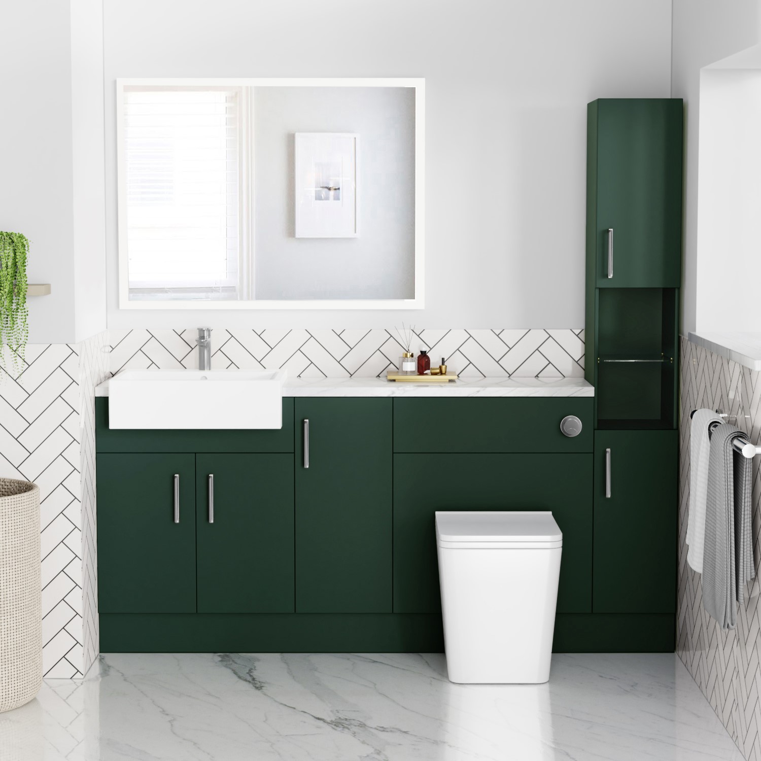1800mm - 2100mm Green Toilet and Sink Unit with Tall Cabinet Marble Effect Worktop and Chrome Fittings - Coniston