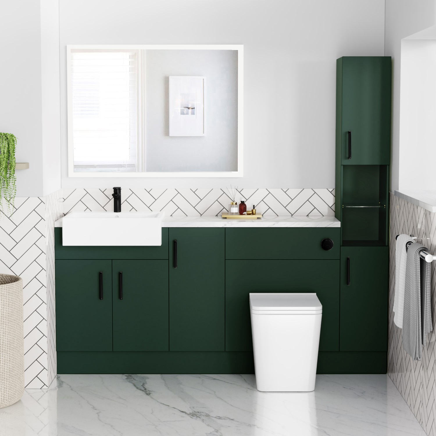 1800mm 2100mm Green Toilet and Sink Unit with Tall Marble Effect Worktop and Black