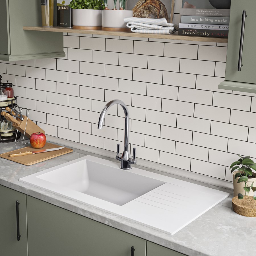 Refurbished Essence Amelia Single Bowl White Composite Kitchen Sink with Reversible Drainer