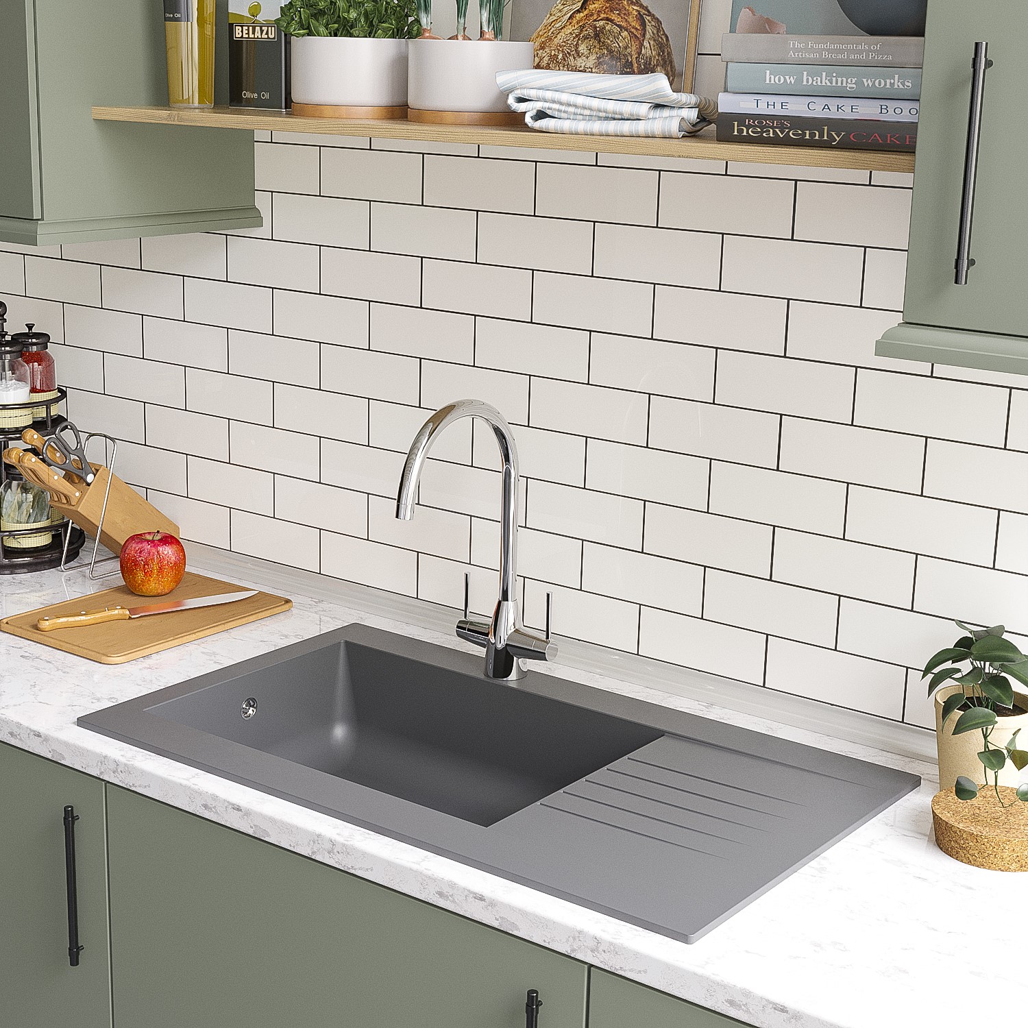 Single Bowl Grey Composite Kitchen Sink with Reversible Drainer