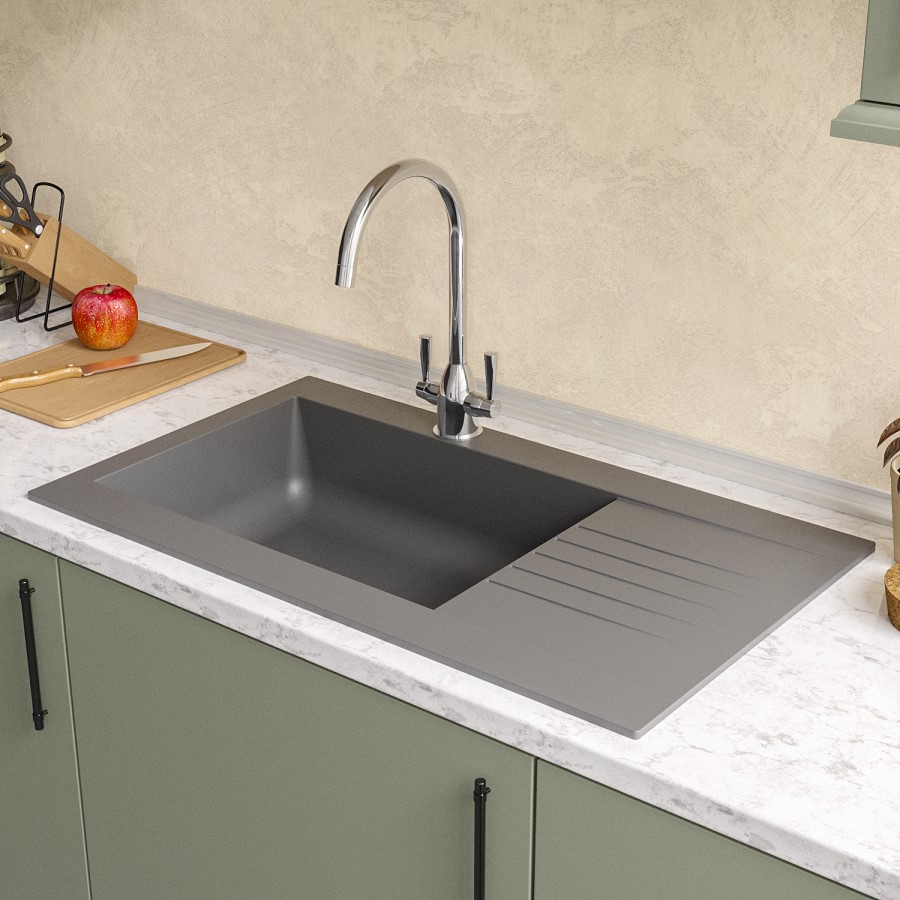 Single Bowl Inset Grey Composite Kitchen Sink with Reversible Drainer - Essence Amelia