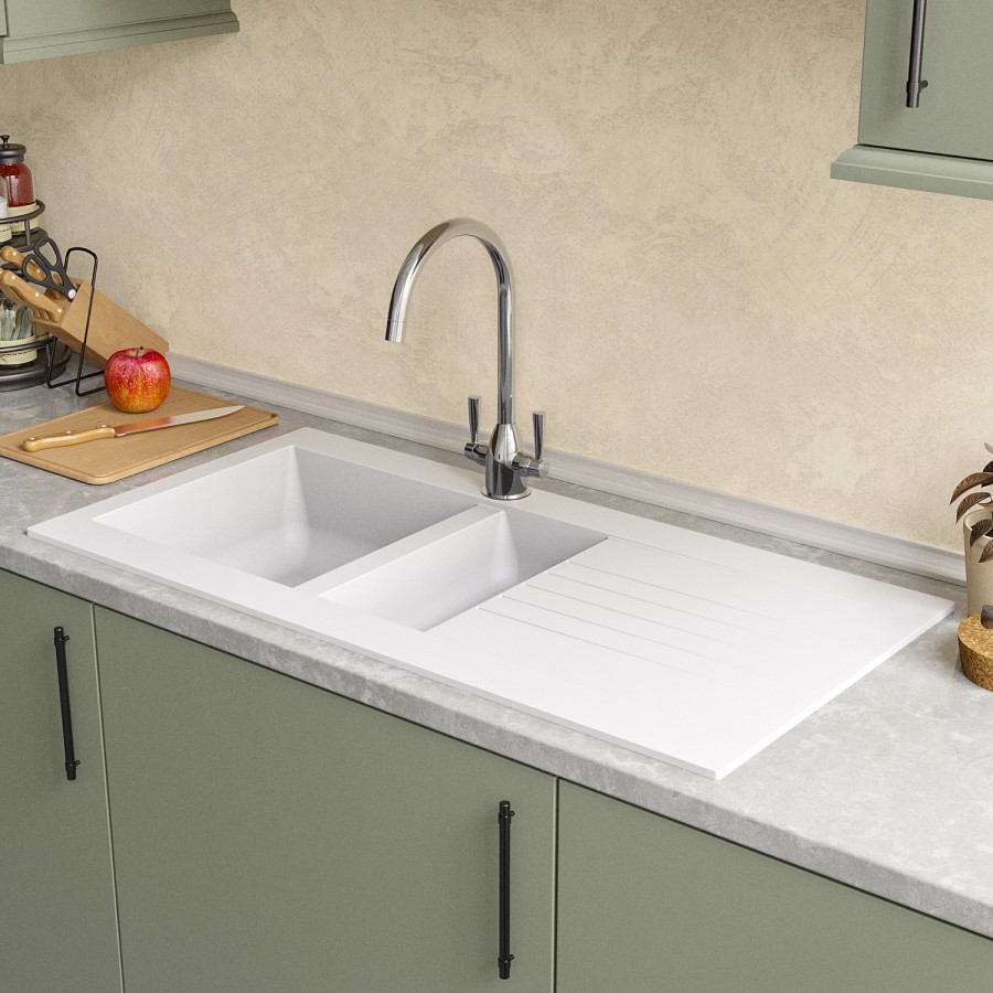 ONLY OPENED - 1.5 Bowl White Composite Kitchen Sink with Reversible Drainer - Essence Amelia