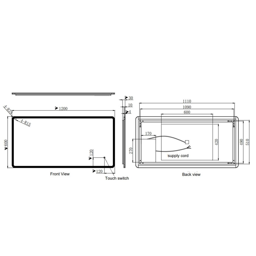 ONLY OPENED - Rectangular LED Bathroom Mirror with Demister 1200 x 600m -Ariel