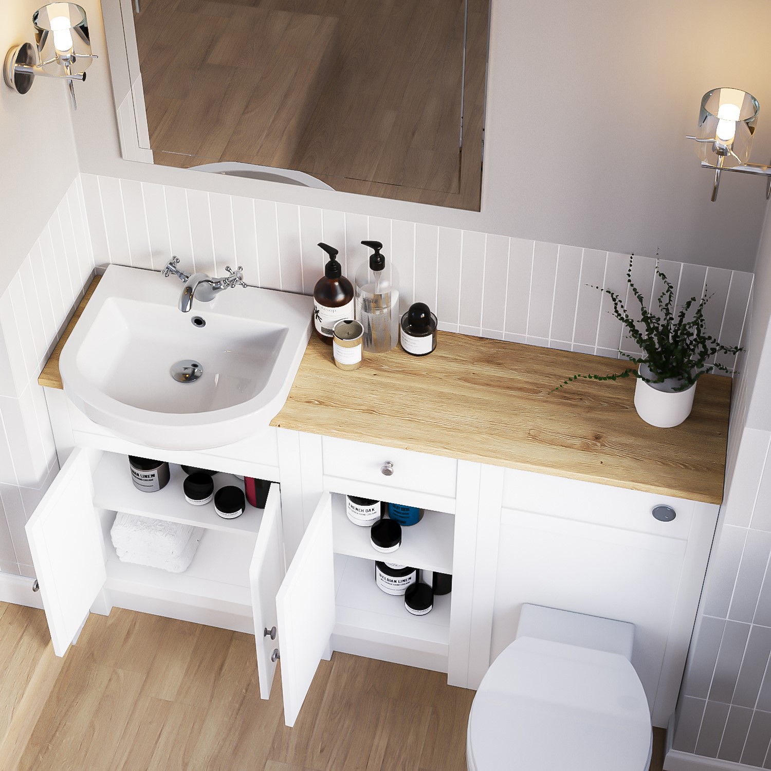 1500 - 1800mm White Toilet and Sink Unit with Oak Worktop - Aylesford ...