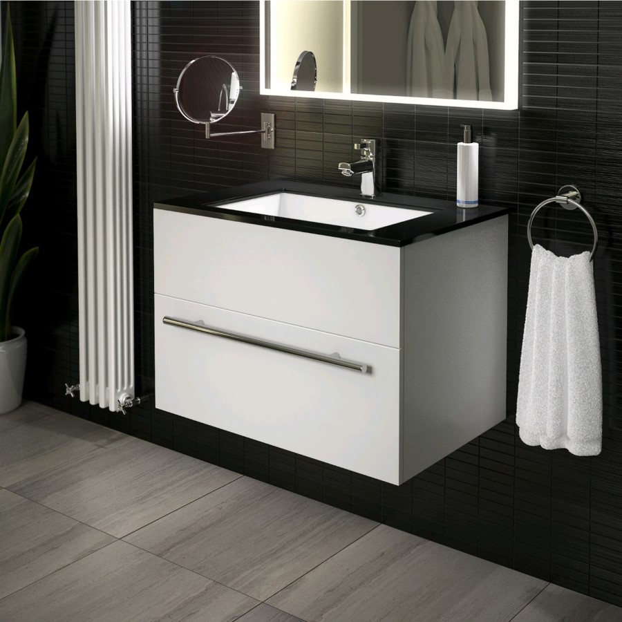 750mm Wall Hung Vanity Basin Unit - Single Drawer - White with Black Worktop - Eden Range