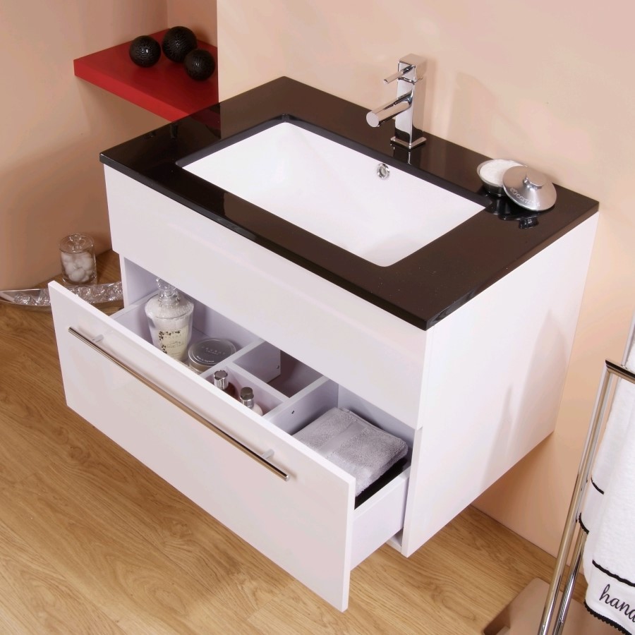 750mm Wall Hung Vanity Basin Unit - Single Drawer - White with Black Worktop - Eden Range