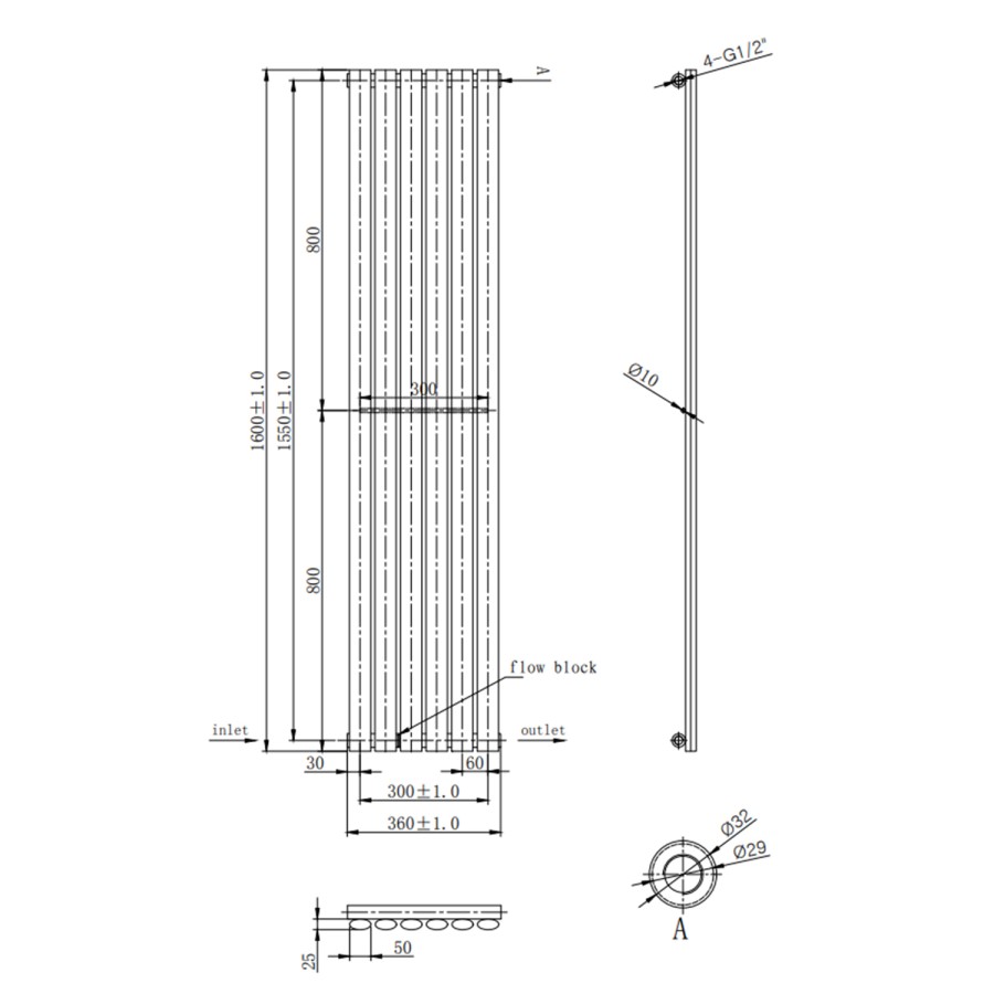 Nevada Single Oval Panel Chrome Vertical Radiator - 1600 x 360mm 