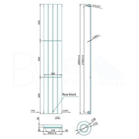 Vega 1800 x 300mm Single Flat Panel Black Vertical Radiator