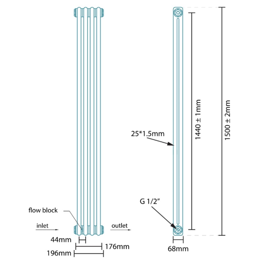 Carrera 1500 x 196mm Dual Column White Vertical Radiator