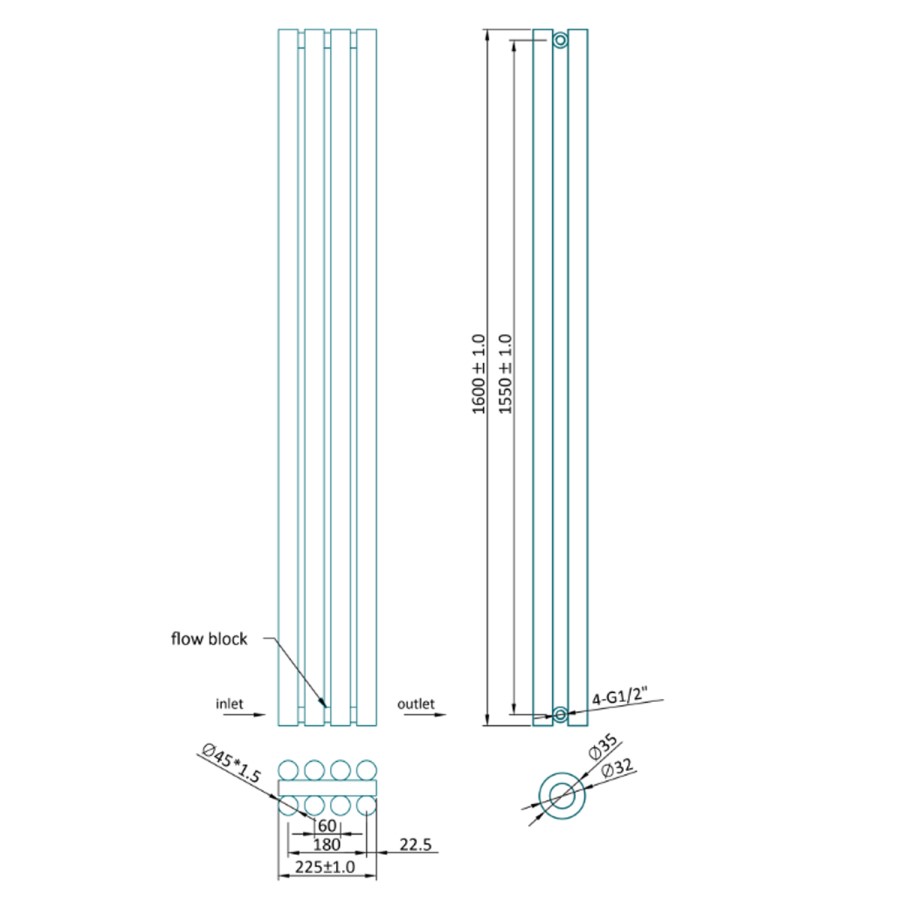 Langham 1600 x 225mm Double Round Panel White Vertical Radiator