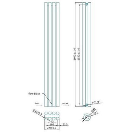 Langham 1600 x 225mm Double Round Panel Anthracite Vertical Radiator