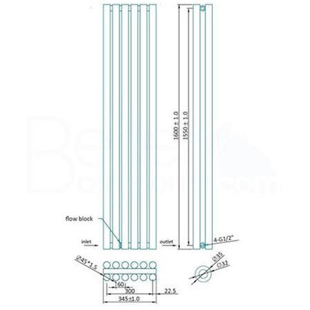 Langham 1600 x 345mm Double Round Panel Anthracite Vertical Radiator