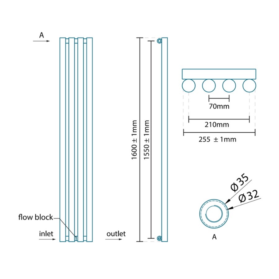 Langham Single Round Panel Chrome Vertical Radiator - 1600 x 255mm 