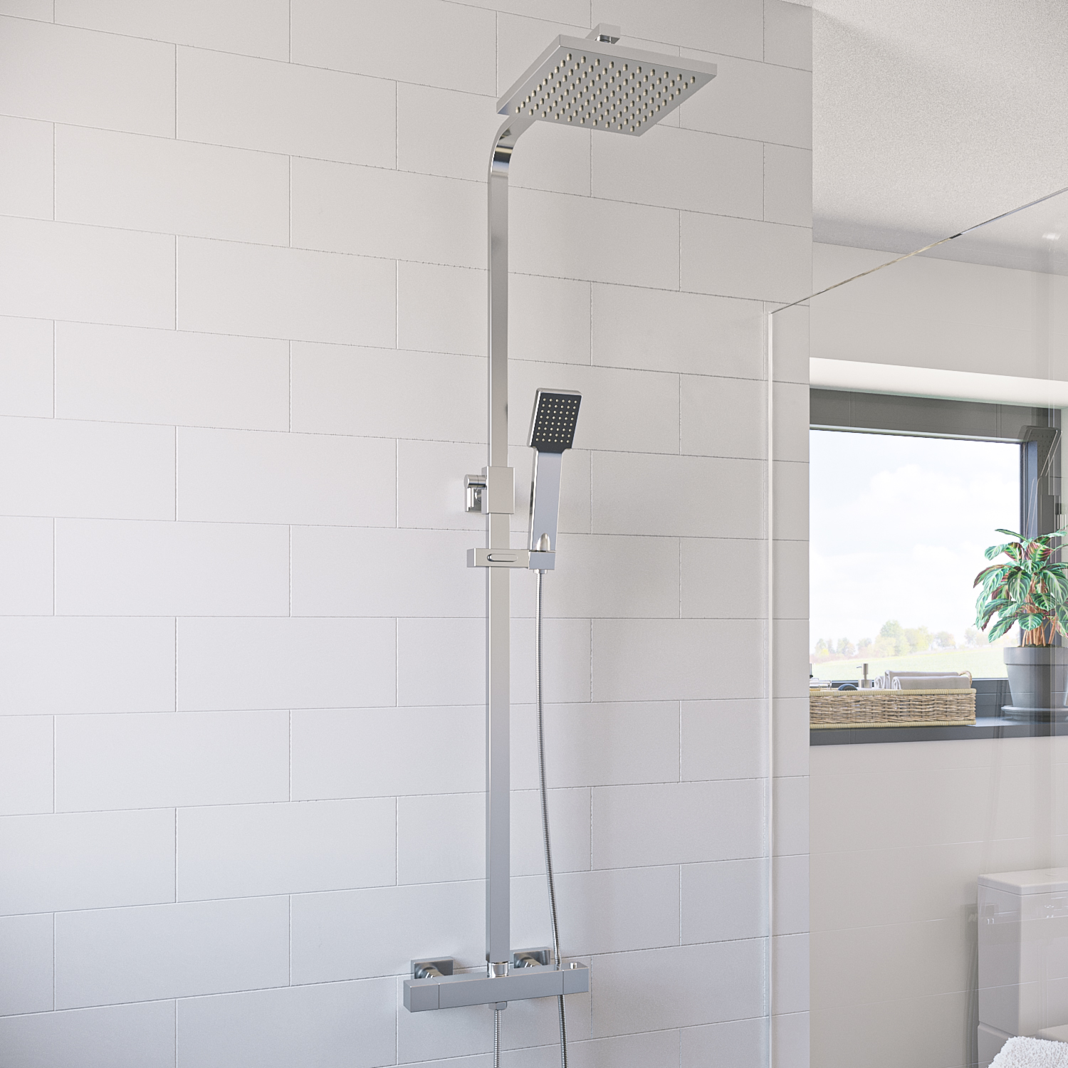 Thermostatic Mixer Bar Shower with Square Overhead & Handset - Vira
