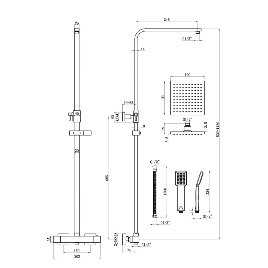GRADE A1 - Vira Square Thermostatic Shower Set with Dual Valve