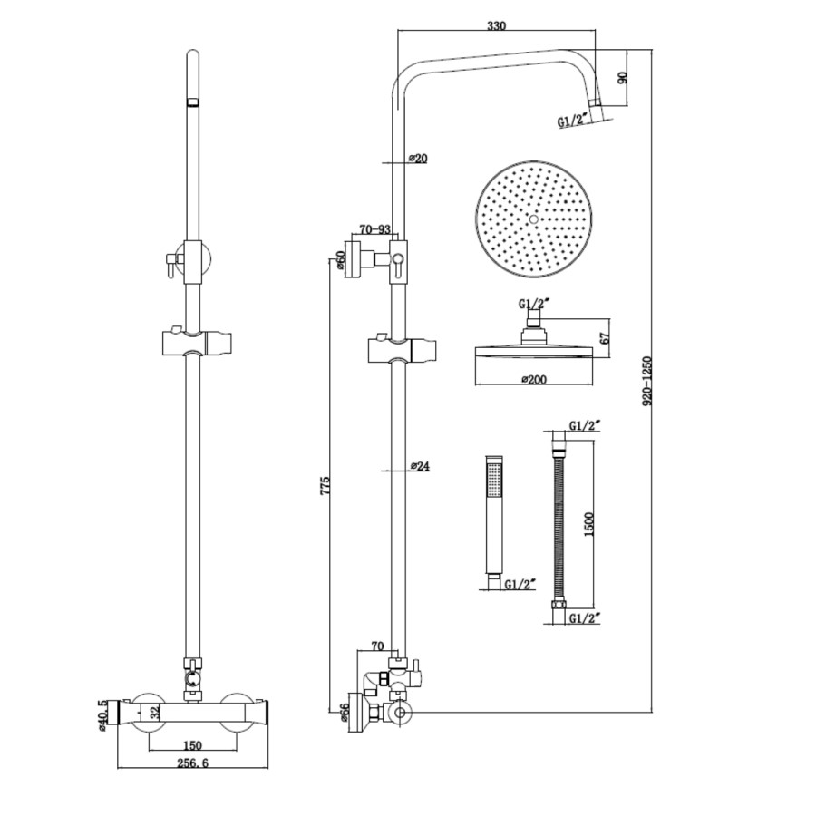 GRADE A1 - Vira Round Riser Slide Shower Rail Kit with Dual Valve 