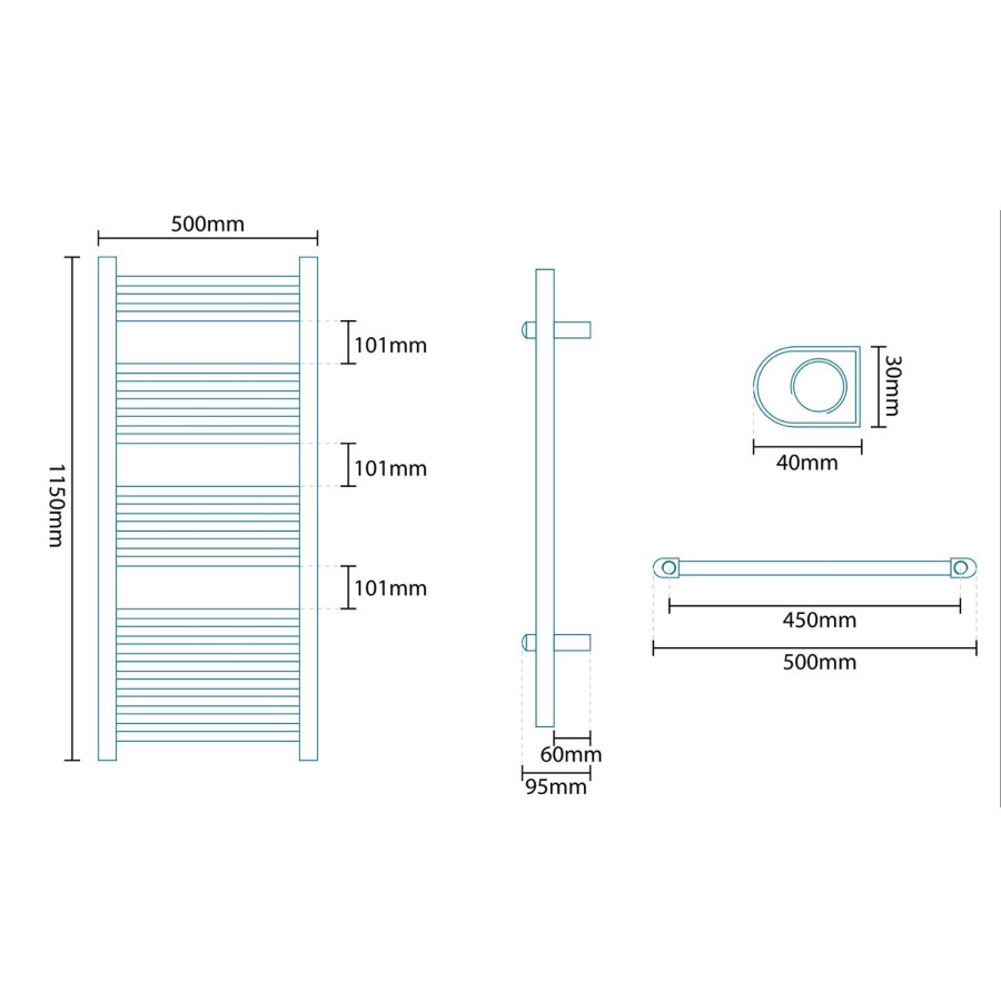 1150 x 500mm Straight Chrome Heated Towel Rail - Beta Heat Range