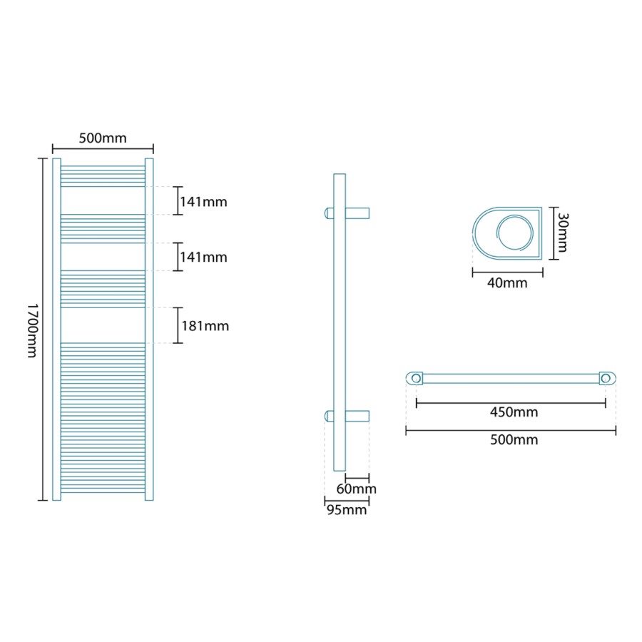 Beta Heat 1700 x 500mm Straight Chrome Heated Towel Rail