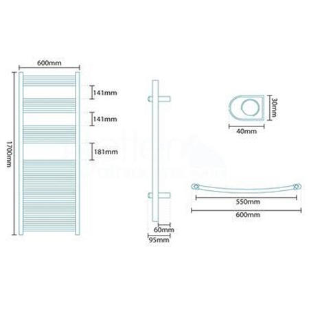 Beta Heat 1700 x 600mm Curved Chrome Heated Towel Rail