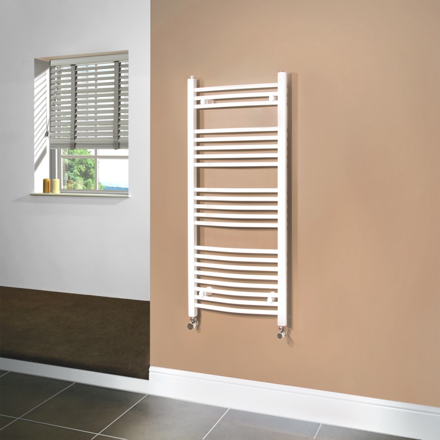 GRADE A1 - Beta Heat 1150 x 500mm Curved White Heated Towel Rail