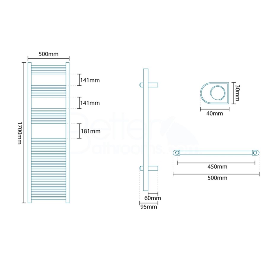 Beta Heat 1700 x 500mm Straight White Heated Towel Rail