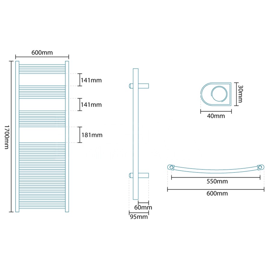 Beta Heat 1700 x 600mm Curved White Heated Towel Rail