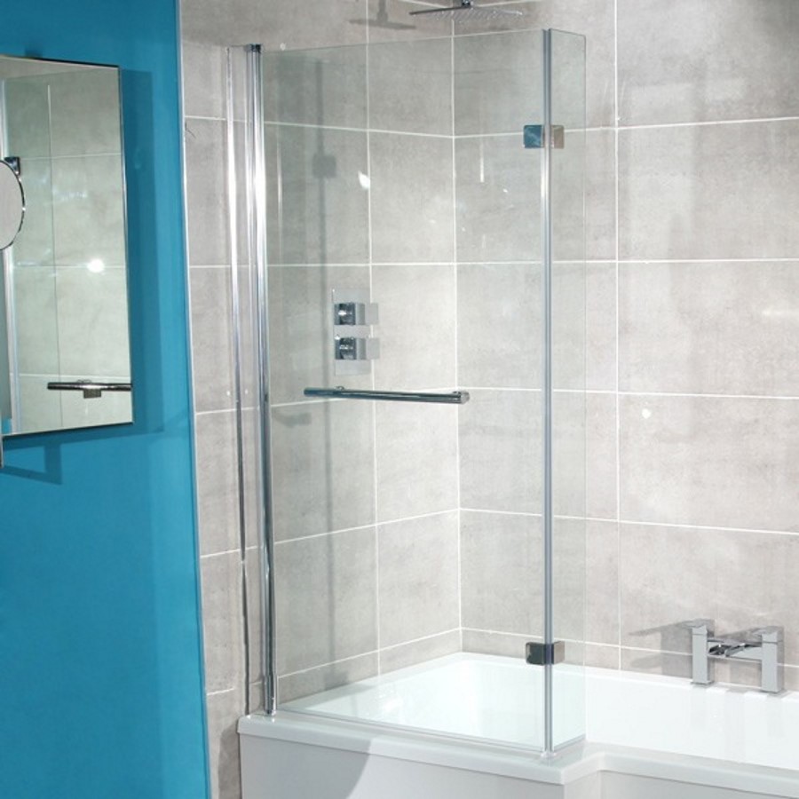 L-Shaped Hinged Bath Shower Screen H1435 x W796mm with Towel Rail