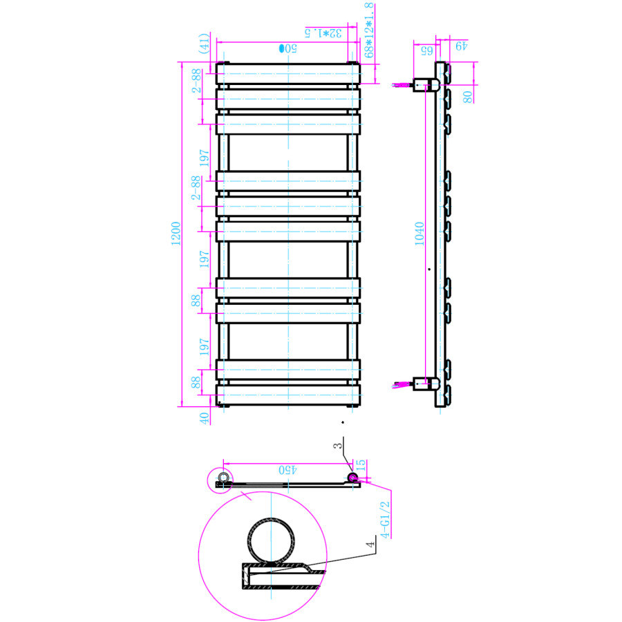 Juliet Chrome Heated Towel Rail - 1200 x 500mm